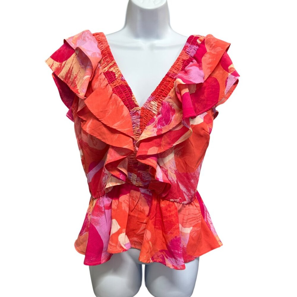 Sofia Jeans by Sofia Vergara Smocked Ruffle Pink Orange Floral Top Size XS